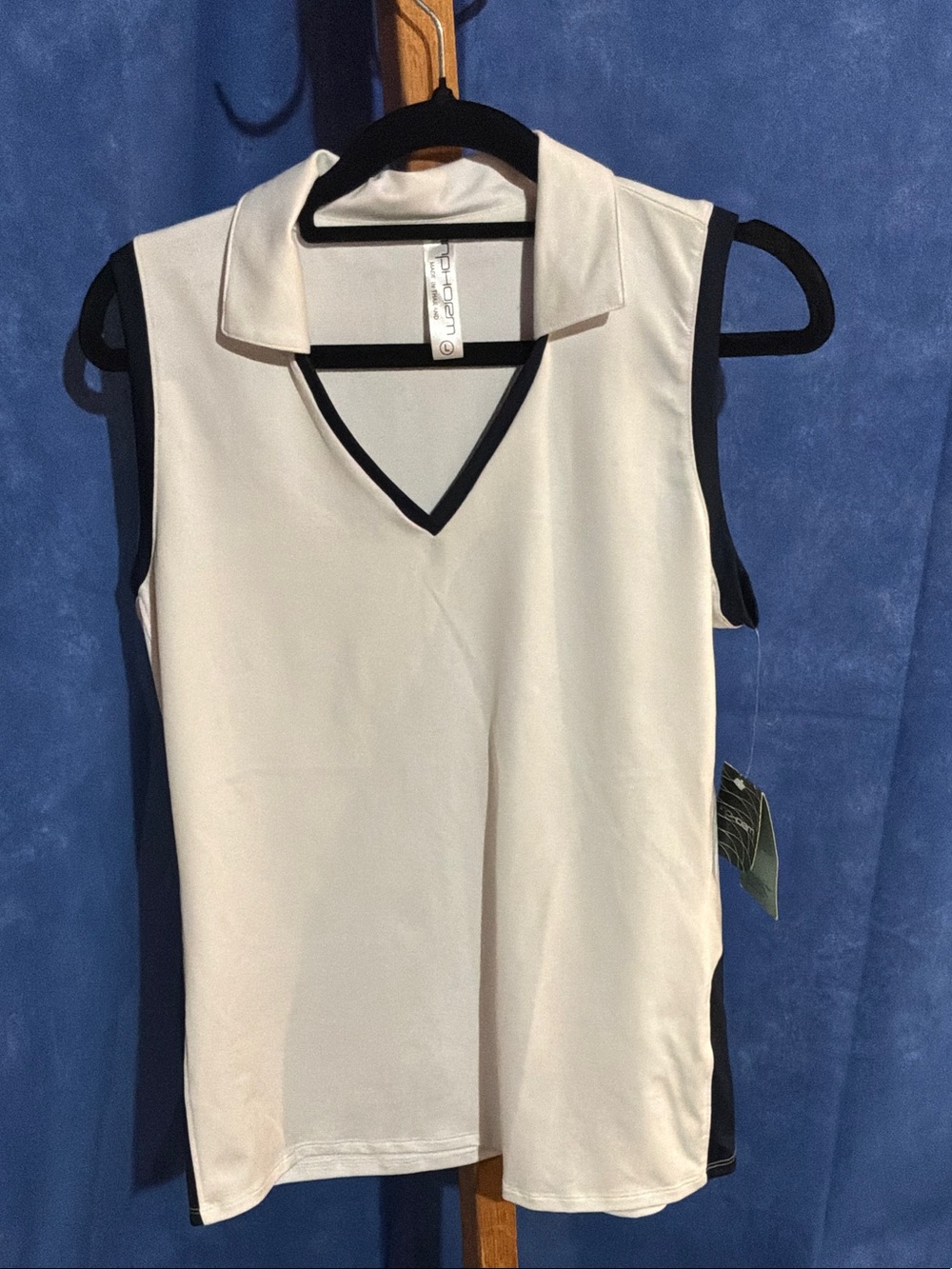 Sleeveless White Polo-Style V-Neck Tank with Black Trim